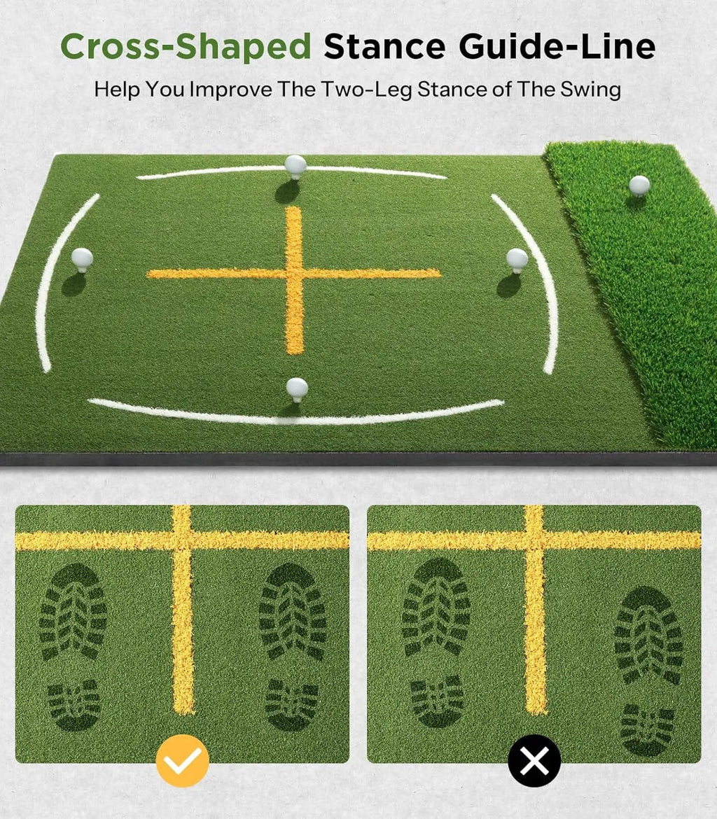 Golf Mat with Dual Turf | Golf Hitting Mat with Standing Guide-Line & Swing Path Line, 5x4ft Thickened Green Turf Practice Mats