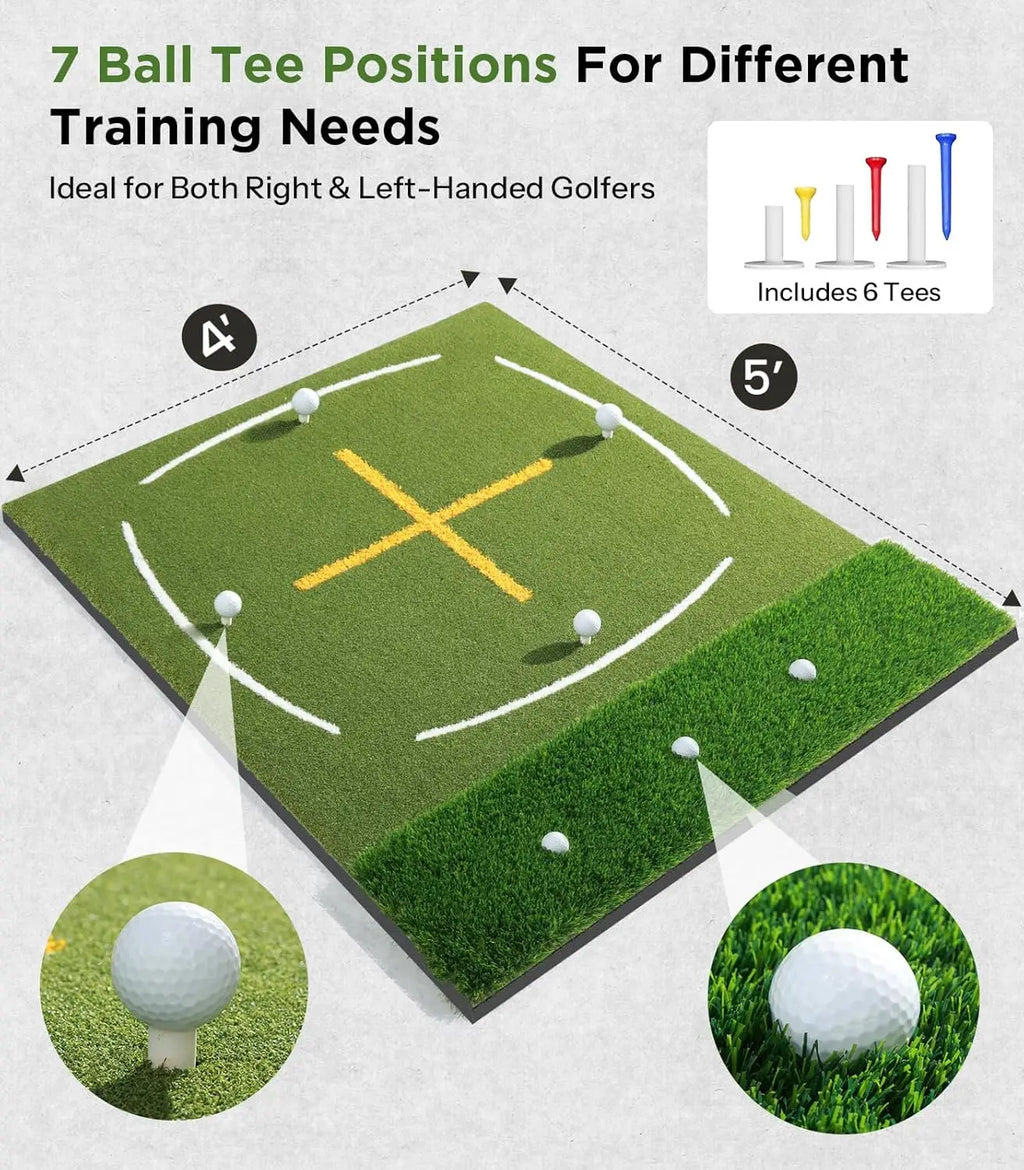 Golf Mat with Dual Turf | Golf Hitting Mat with Standing Guide-Line & Swing Path Line, 5x4ft Thickened Green Turf Practice Mats