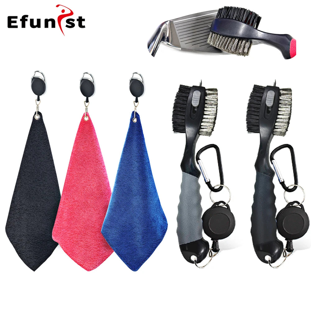 Golf Club Cleaning Kit with Polyester Fiber Towel & Nylon Brush for Golf Cart or Bag Portable Golf Course Maintenance Tool