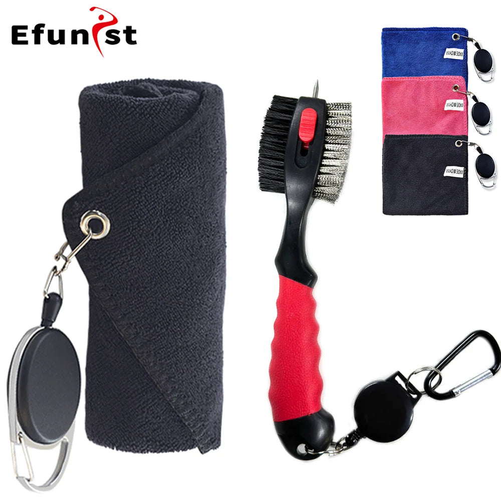 Golf Club Cleaning Kit with Polyester Fiber Towel & Nylon Brush for Golf Cart or Bag Portable Golf Course Maintenance Tool