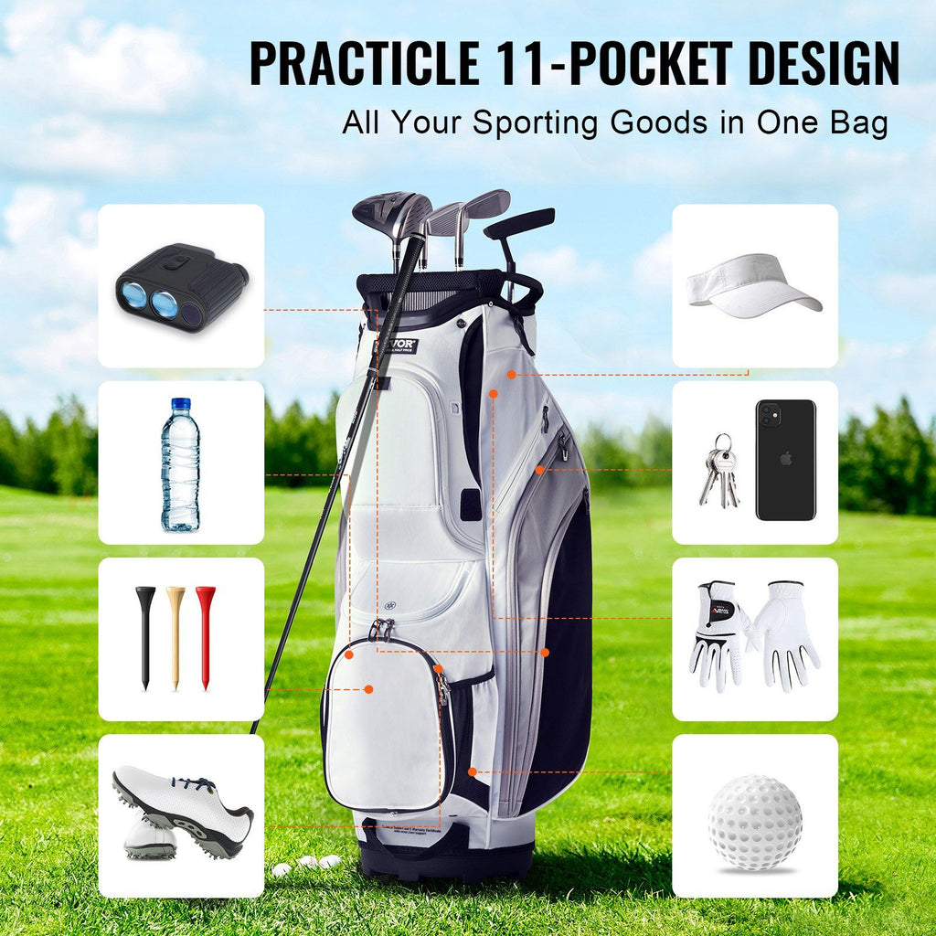 Golf Cart Bag with 14 Way Organizer Divider Top, 36' 13 Pockets Premium Nylon Cart Bag, Durable Golf Bags with Handles & Dust Cover & Detachable Straps for Men & Women, White Color-Block