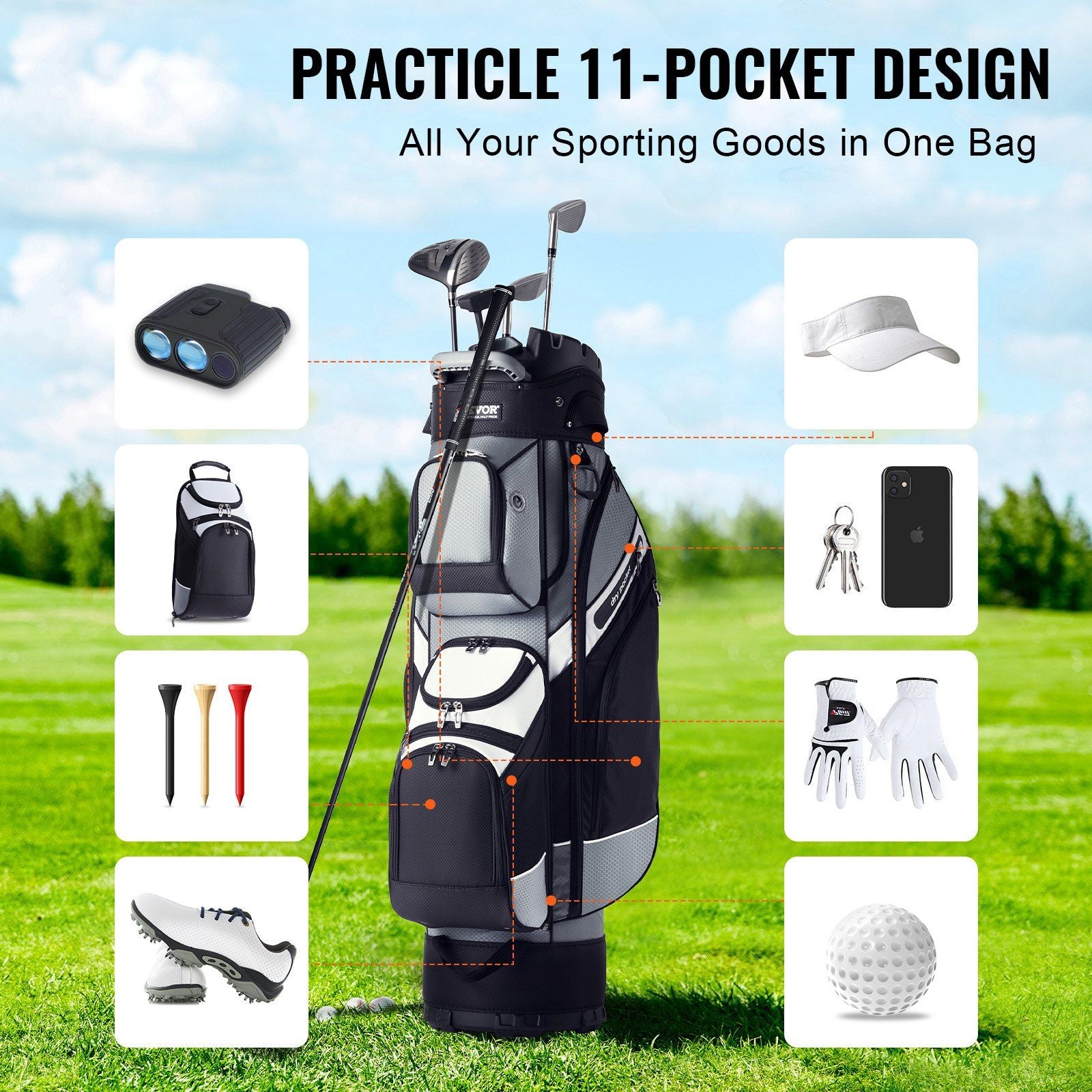 Golf Cart Bag with 14 Way Organizer Divider Top, 41' 13 Pockets Premium Nylon Cart Bag, Durable Golf Bags with Handles & Dust Cover & Detachable Straps for Men & Women, Black Color-Block