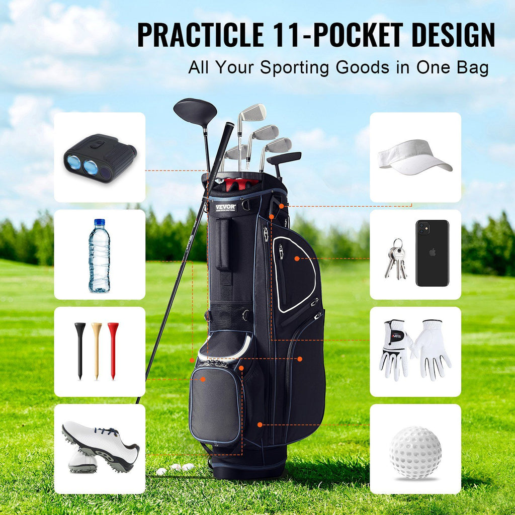 Golf Cart Bag with 14 Way Organizer Divider Top, 35' 11 Pockets Premium Cart Bag with Stand, Durable Golf Bags with Handles & Dust Cover & Detachable Dual Strap for Men & Women, Black White