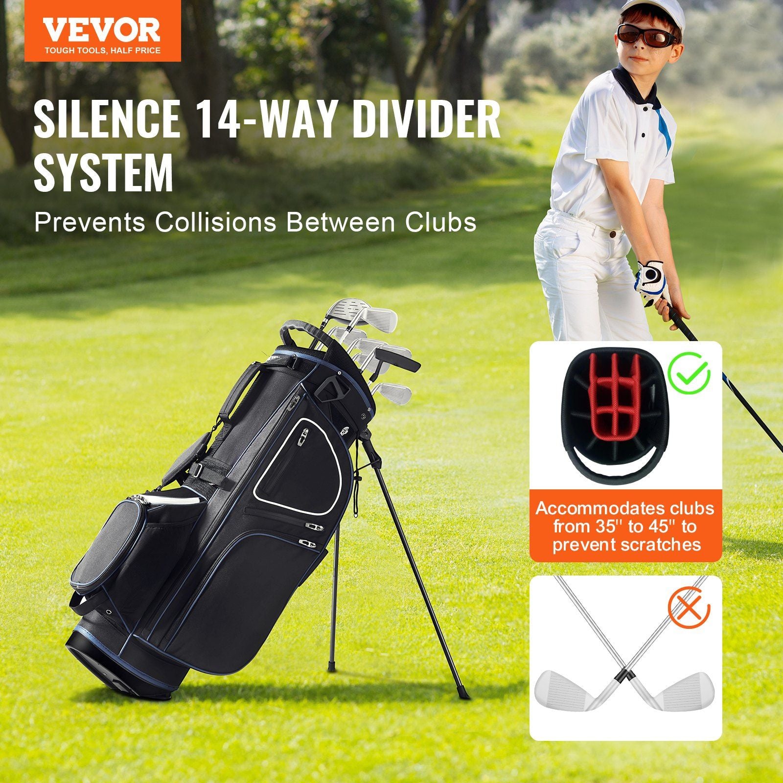 Golf Cart Bag with 14 Way Organizer Divider Top, 35' 11 Pockets Premium Cart Bag with Stand, Durable Golf Bags with Handles & Dust Cover & Detachable Dual Strap for Men & Women, Black White