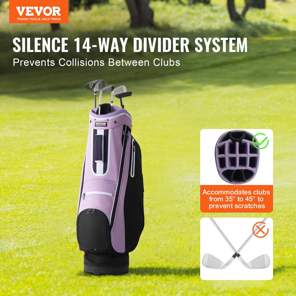 Golf Cart Bag with 14 Way Organizer Divider Top, 36' Multiple Pockets Premium Cart Bag, Durable Golf Bags with Handles & Dust Cover & Detachable Strap for Men & Women, Black Purple