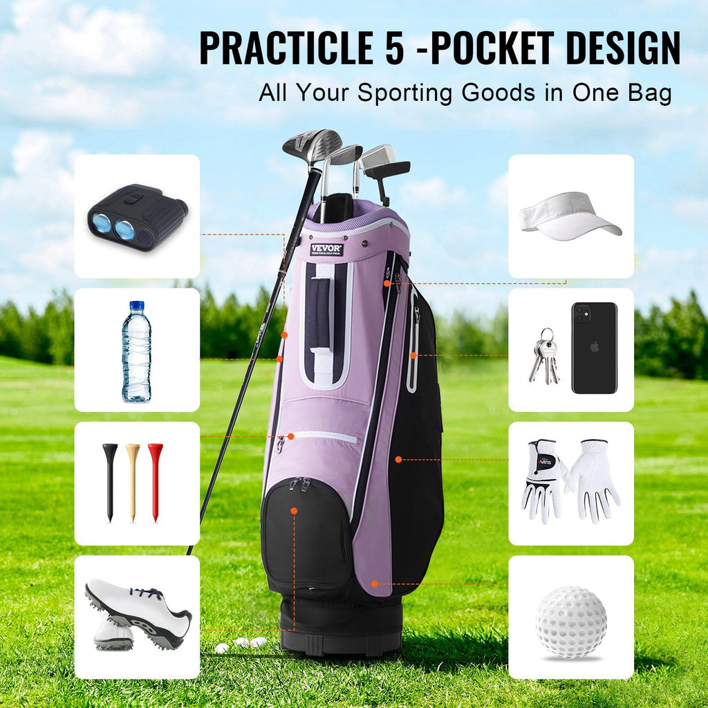 Golf Cart Bag with 14 Way Organizer Divider Top, 36' Multiple Pockets Premium Cart Bag, Durable Golf Bags with Handles & Dust Cover & Detachable Strap for Men & Women, Black Purple