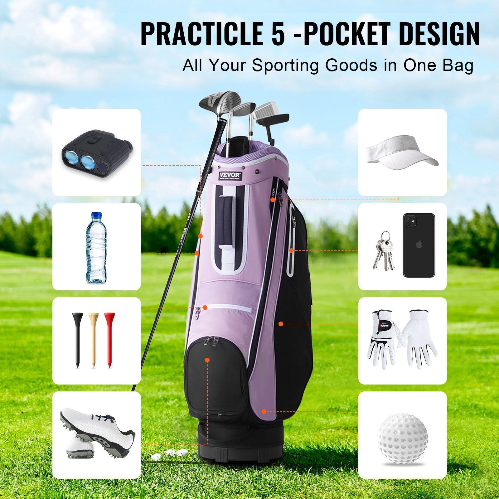 Golf Cart Bag with 14 Way Organizer Divider Top, 36' Multiple Pockets Premium Cart Bag, Durable Golf Bags with Handles & Dust Cover & Detachable Strap for Men & Women, Black Purple
