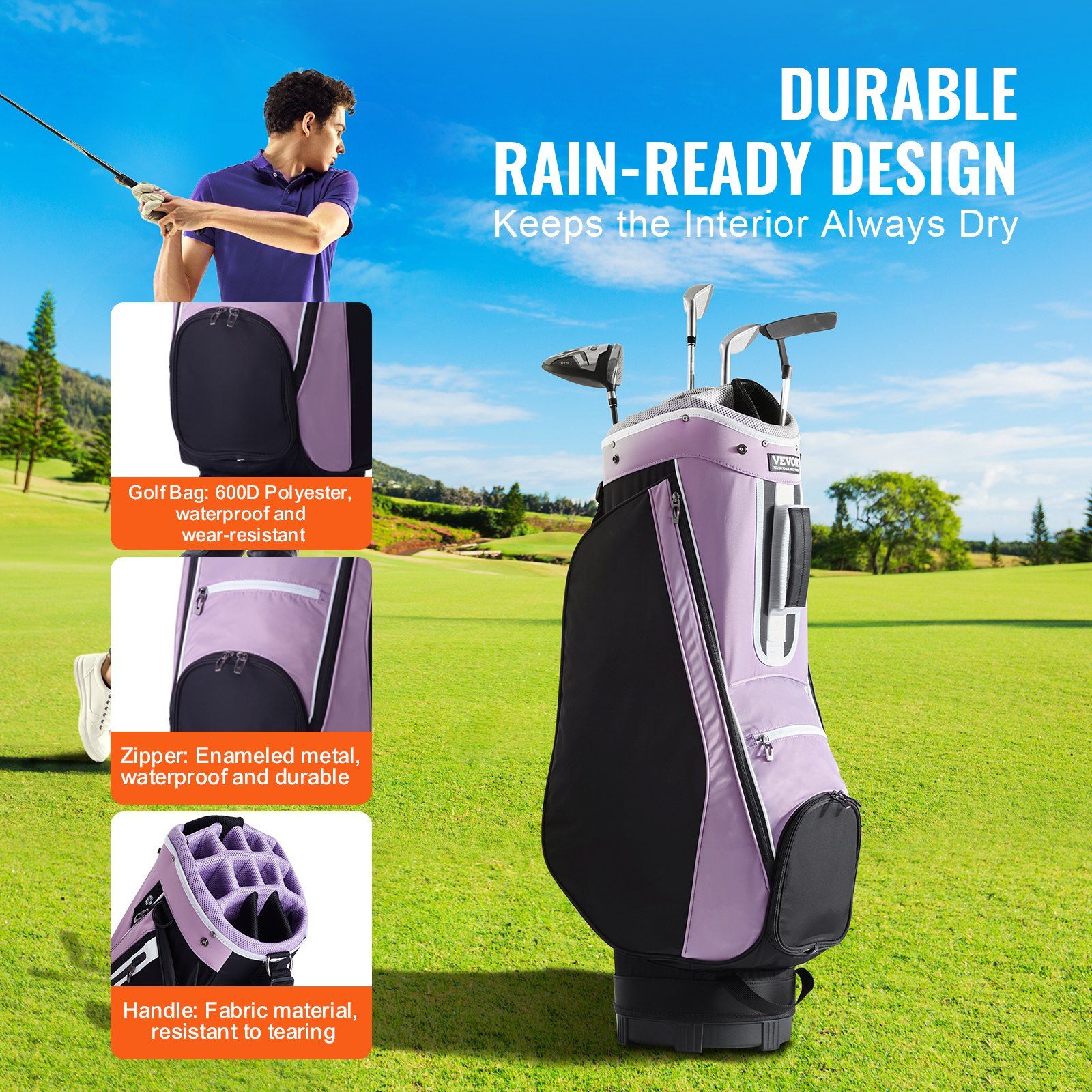 Golf Cart Bag with 14 Way Organizer Divider Top, 36' Multiple Pockets Premium Cart Bag, Durable Golf Bags with Handles & Dust Cover & Detachable Strap for Men & Women, Black Purple